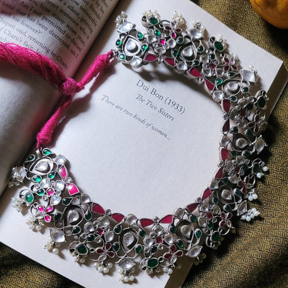 Side view of Nakshatra Necklace Set in pure silver with handcrafted detailing