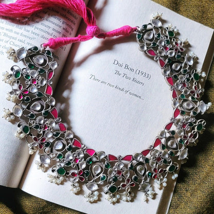 Side view of Nakshatra Necklace Set in pure silver with handcrafted detailing