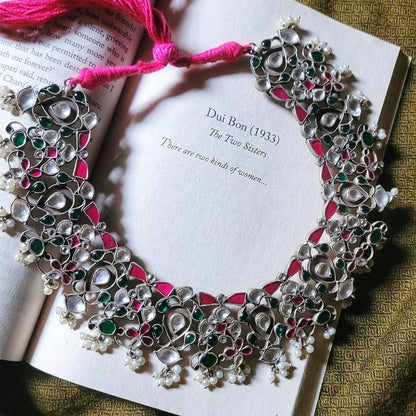 Side view of Nakshatra Necklace Set in pure silver with handcrafted detailing