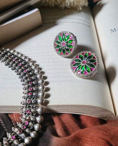 Side view of Kunal Studs in pure silver with handcrafted detailing
