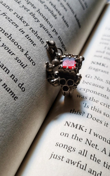 Kaushalya Ring (Laal) in pure silver with handcrafted detailing