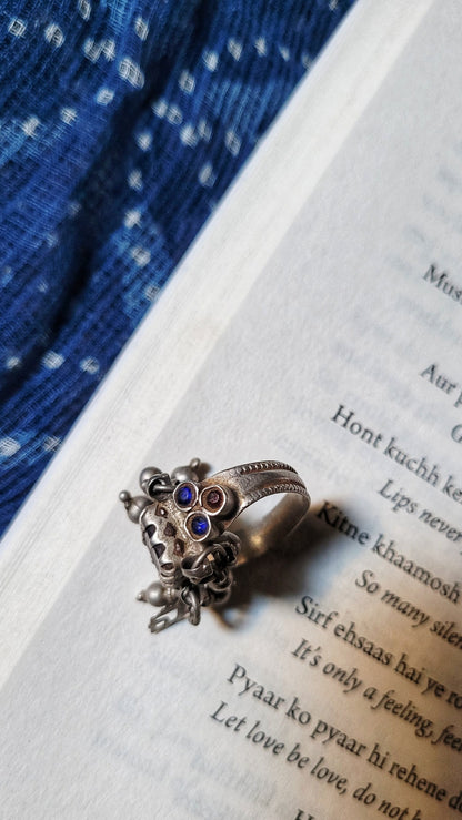 Side view of Kaushalya Ring (Laal) in pure silver with handcrafted detailing