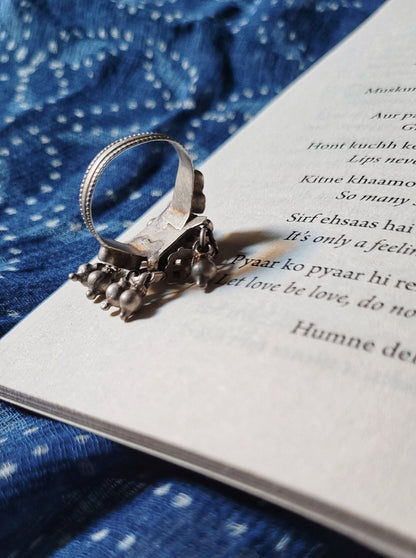 Side view of Kaushalya Ring (Laal) in pure silver with handcrafted detailing