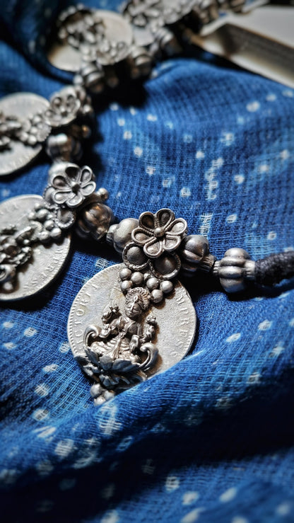 Side view of Indira Vintage Necklace in pure silver with vintage detailing