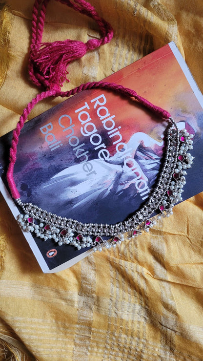 Side view of Madhubala Choker Necklace in pure silver with handcrafted detailing