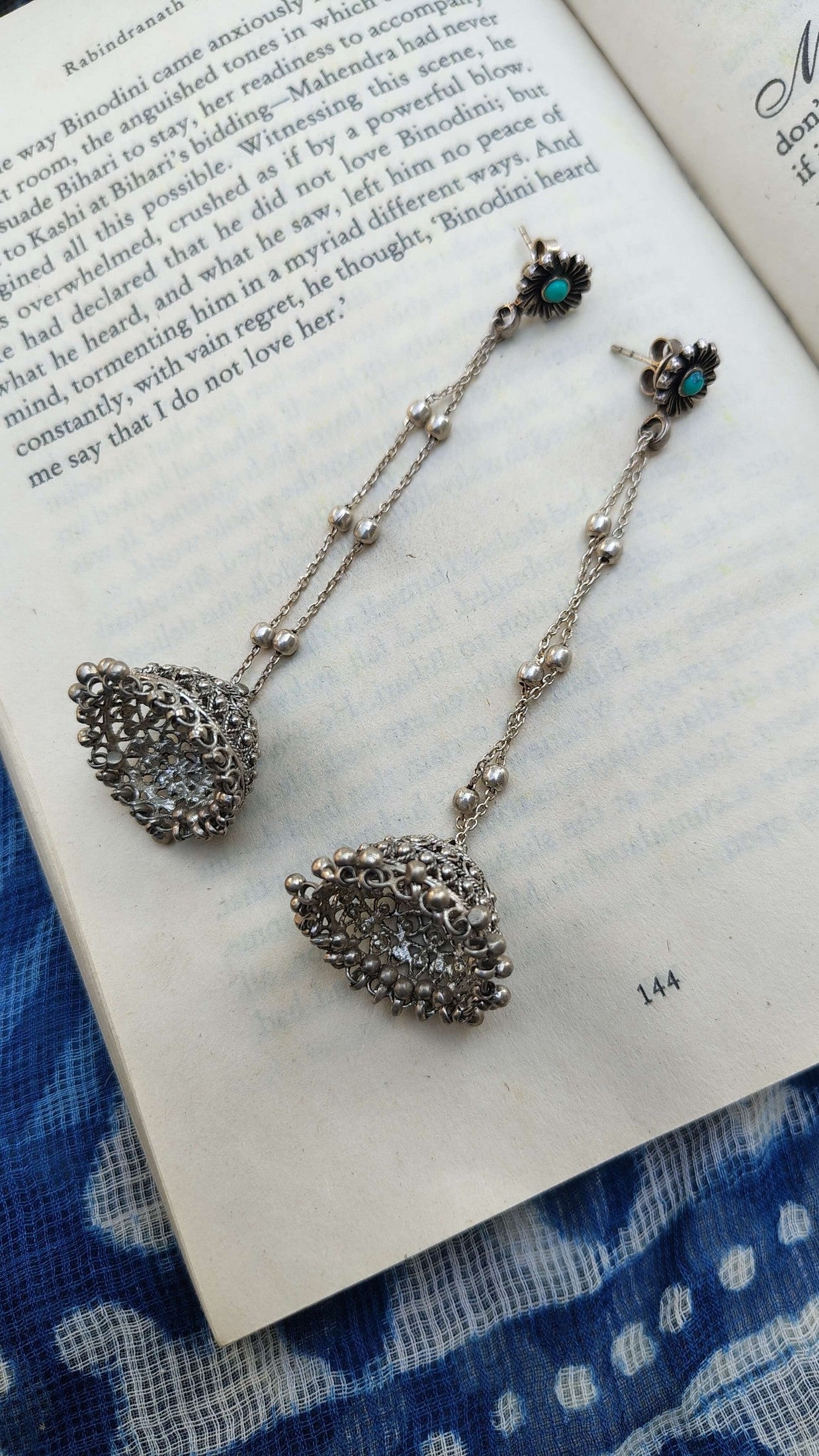 Sadabahaar Jewelry 92.5 Hallmark Silver Shoulder Duster Jhumkas with Filigree Work and Turquoise Stone Floral Studs for Women - side view