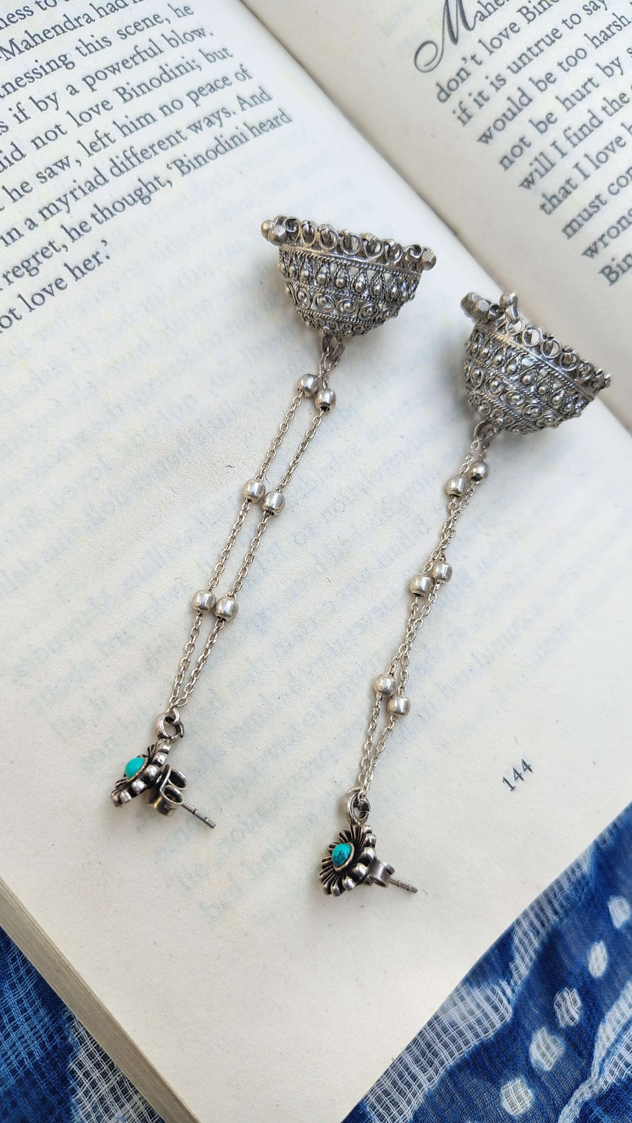 Sadabahaar Jewelry 92.5 Hallmark Silver Shoulder Duster Jhumkas with Filigree Work and Turquoise Stone Floral Studs for Women