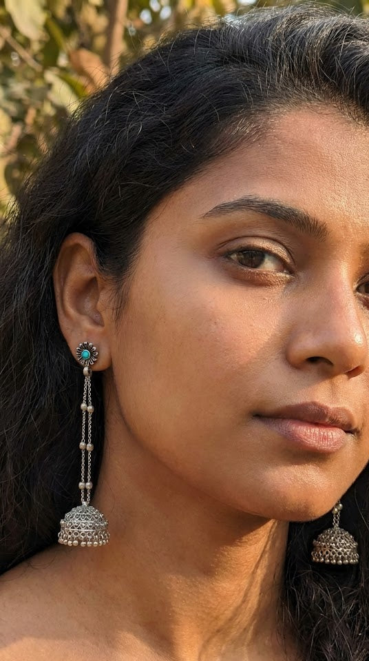 Sadabahaar Jewelry 92.5 Hallmark Silver Shoulder Duster Jhumkas with Filigree Work and Turquoise Stone Floral Studs for Women - worn