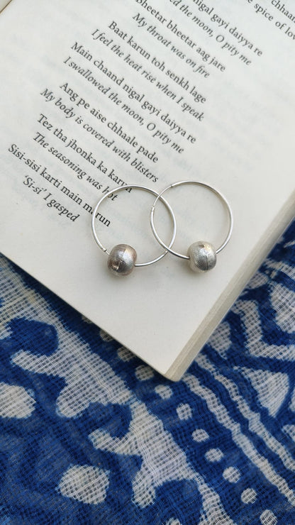 Sadabahaar Jewelry 92.5 hallmark silver hoop earrings single textured vintage bead minimalist lightweight daily wear - side view