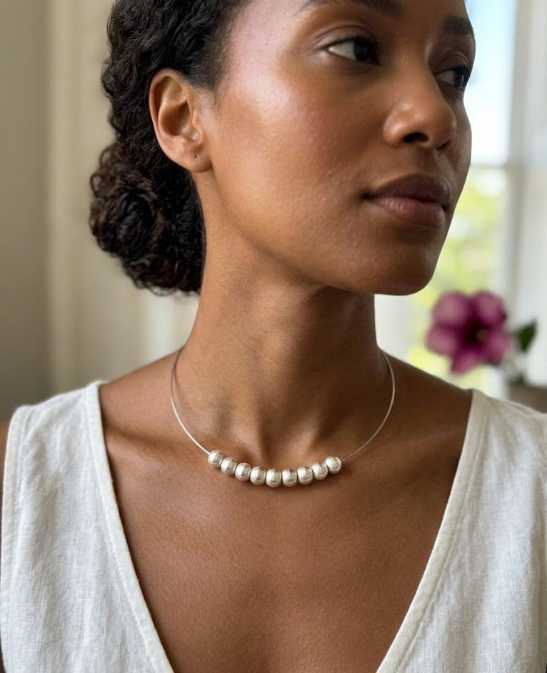 Sadabahaar Jewelry 92.5 hallmark silver hasli necklace textured vintage beads minimalist lightweight summer jewelry