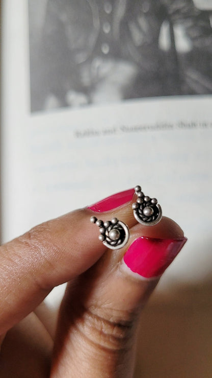 Side view of Ananta Studs in pure silver with handcrafted detailing
