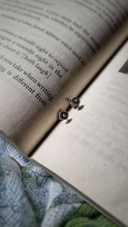 Side view of Ananta Studs in pure silver with handcrafted detailing