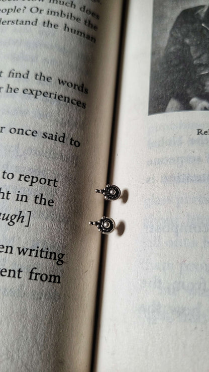 Side view of Ananta Studs in pure silver with handcrafted detailing