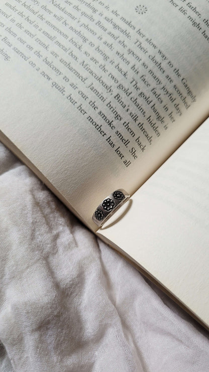 Side view of Ankur Ring in pure silver with handcrafted detailing