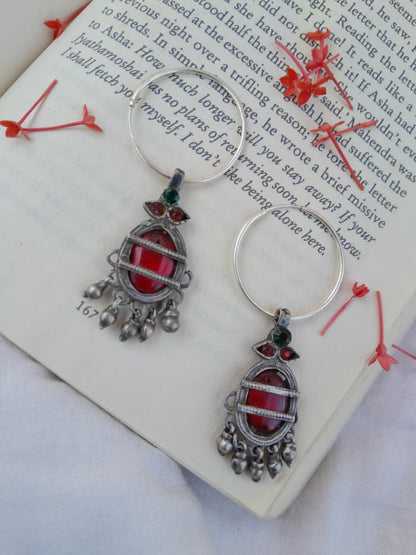 Sadabahaar Jewelry vintage silver hoops red green glass stones three leaf detailing ghungroo danglers colourful heirloom earrings