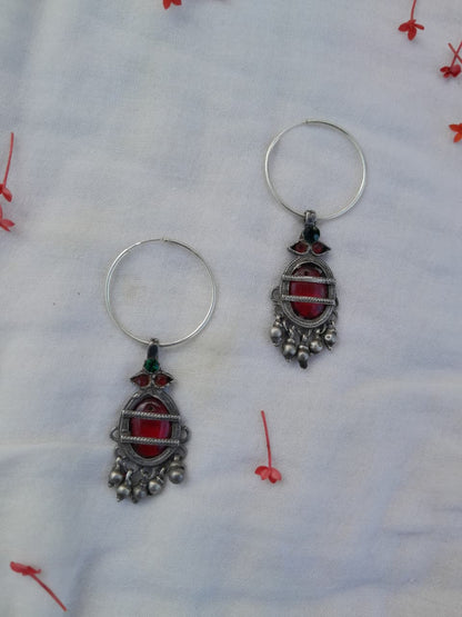 Sadabahaar Jewelry vintage silver hoops red green glass stones three leaf detailing ghungroo danglers colourful heirloom earrings - top view