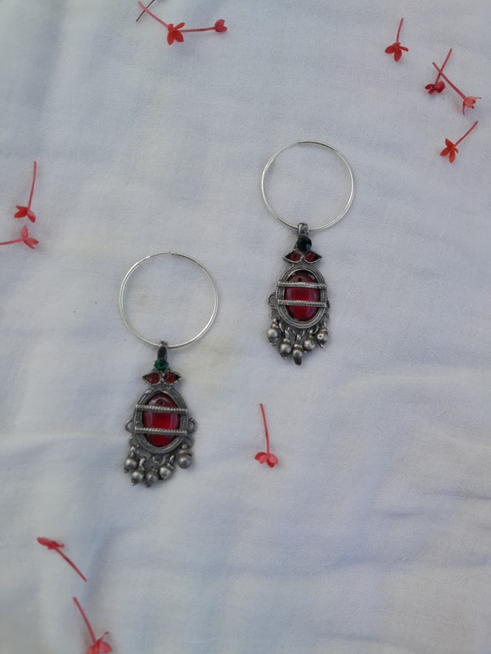 Sadabahaar Jewelry vintage silver hoops red green glass stones three leaf detailing ghungroo danglers colourful heirloom earrings