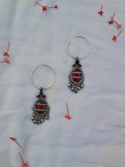 Sadabahaar Jewelry vintage silver hoops red green glass stones three leaf detailing ghungroo danglers colourful heirloom earrings