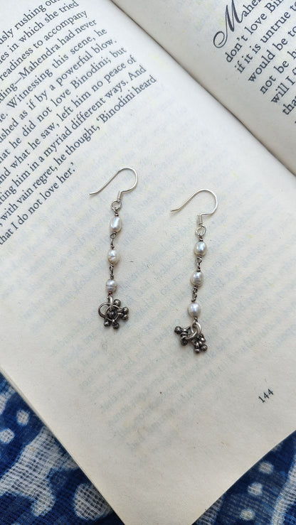 Sadabahaar Jewelry Authentic Vintage Silver Pearl Earrings with Ghungroos for Women - Fewer Pearls Top View