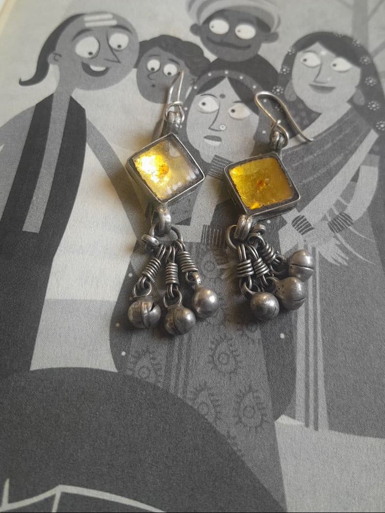 Sadabahaar Jewelry authentic vintage silver katesari earrings yellow kite glass red dot ghungroo twisted wire danglers Uttar Pradesh heritage heirloom