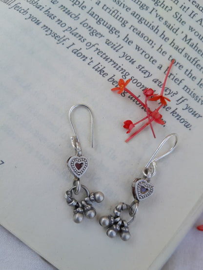 Sadabahaar Jewelry Authentic Vintage Silver Heart Earrings with Red Stones and Ghungroos for Women
