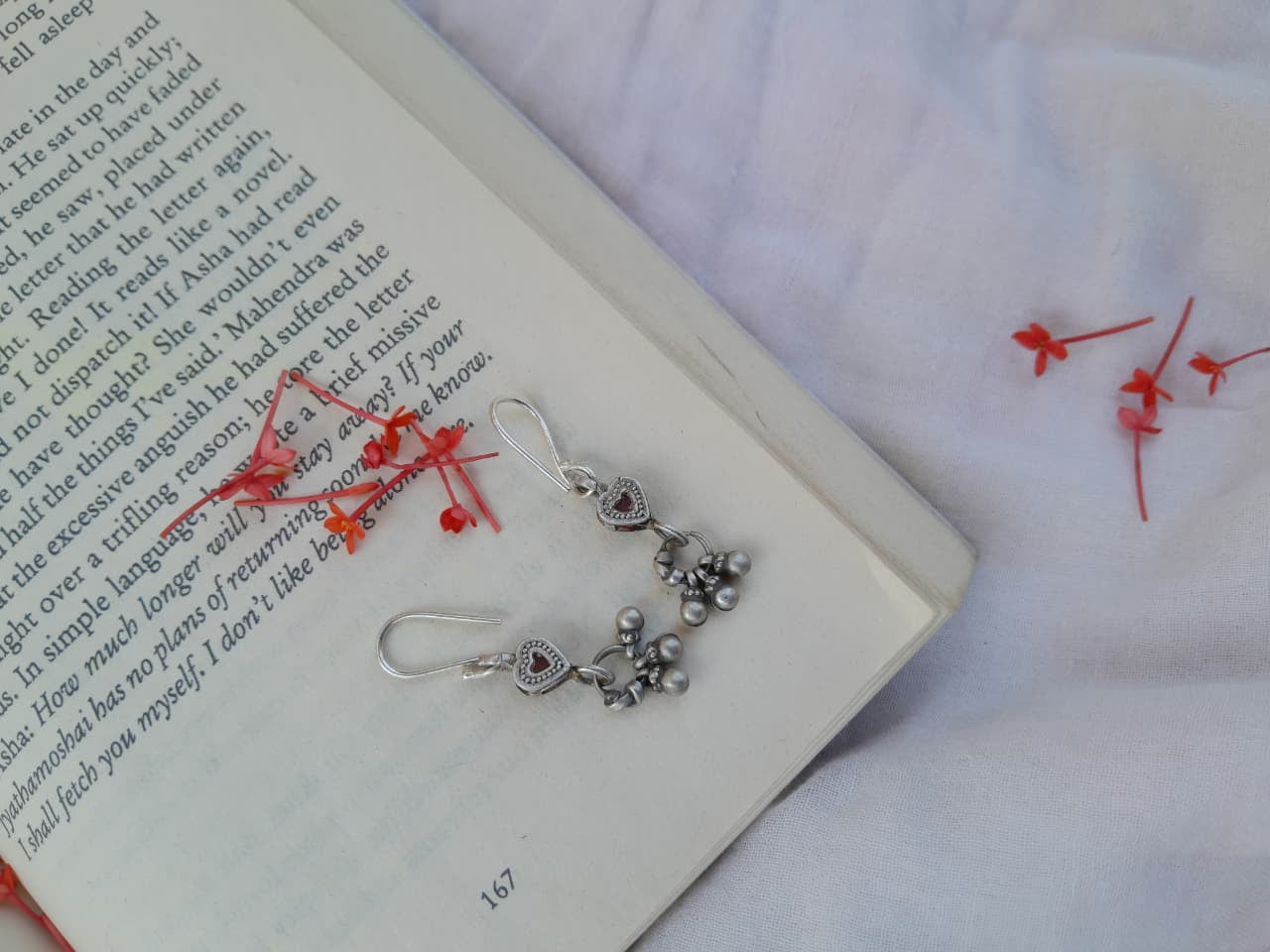 Sadabahaar Jewelry Authentic Vintage Silver Heart Earrings with Red Stones and Ghungroos for Women