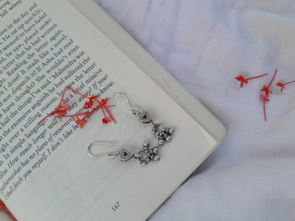 Sadabahaar Jewelry Authentic Vintage Silver Heart Earrings with Red Stones and Ghungroos for Women