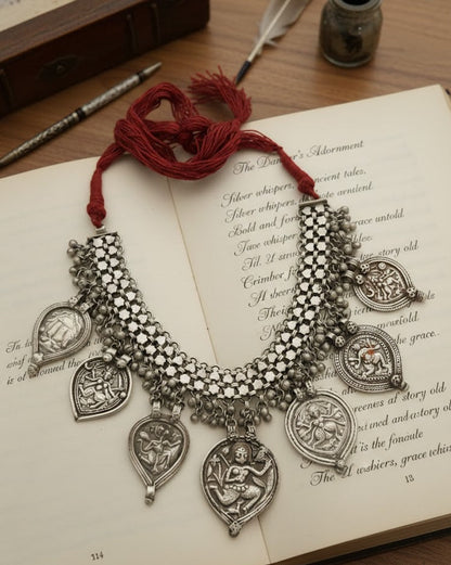 Sadabahaar Jewelry Authentic Vintage Silver Patra Necklace with Deity Motifs and Red Dori for Women