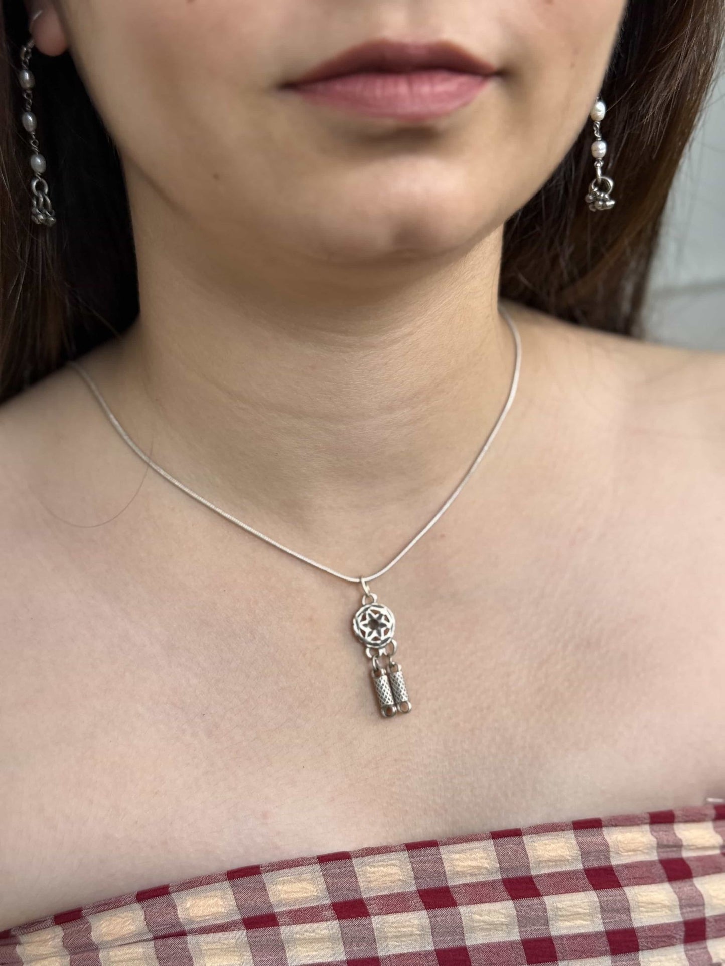 Sadabahaar Jewelry vintage silver chilai work pendant pink centre stone geometric danglers minimalist lightweight heirloom