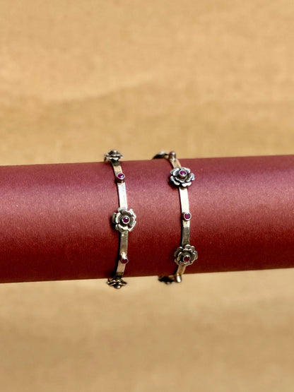 Side view of Bidisha Bangles in pure silver with handcrafted detailing