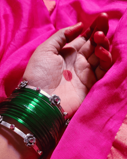 Side view of Bidisha Bangles in pure silver with handcrafted detailing