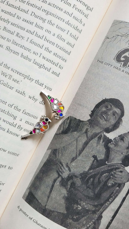 Side view of Bulbul Earrings in pure silver with handcrafted detailing