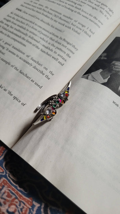 Side view of Bulbul Ring in pure silver with handcrafted detailing