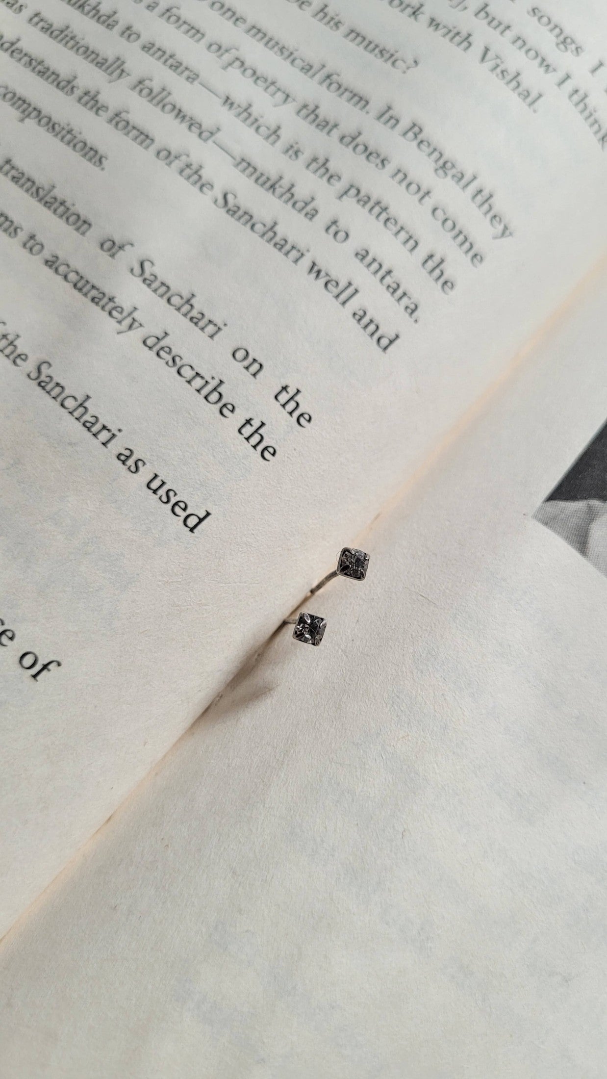 Close-up of a book page with text and a Chamkeeli on top