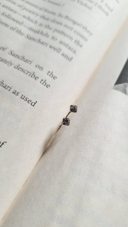 Side view of Chamkeeli Studs in pure silver with handcrafted detailing