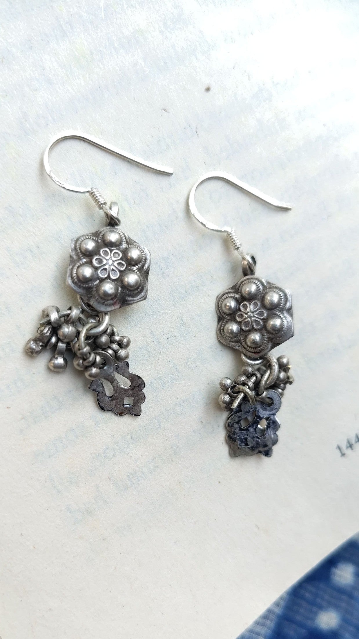 Sadabahaar Jewelry Authentic Vintage Silver Earrings with Floral Embossed Studs and Ghungroos for Women - Side view