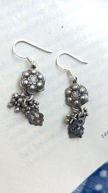 Sadabahaar Jewelry Authentic Vintage Silver Earrings with Floral Embossed Studs and Ghungroos for Women - Side view