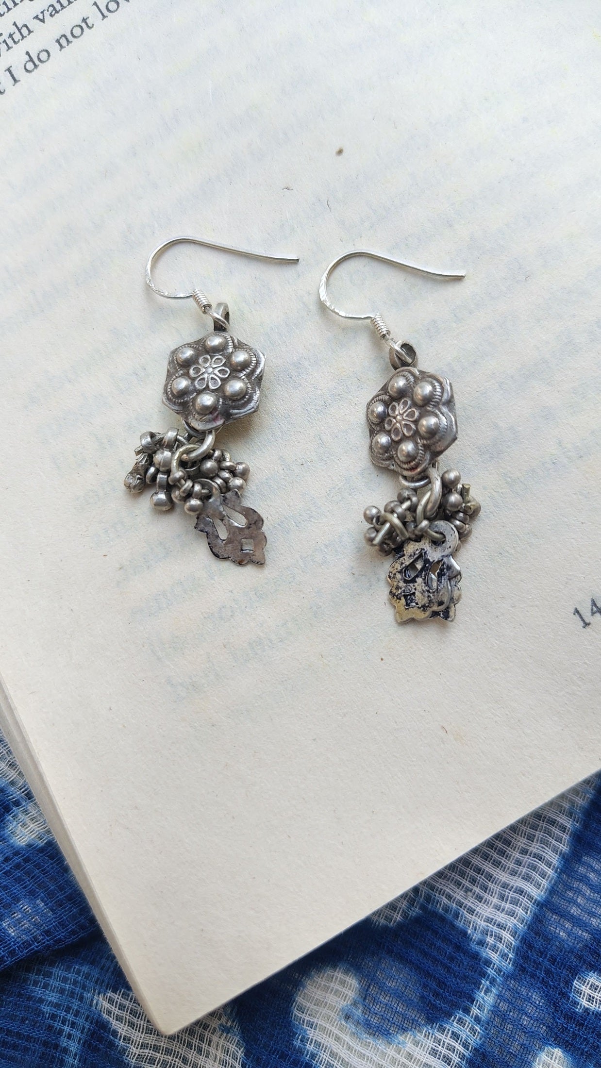 Sadabahaar Jewelry Authentic Vintage Silver Earrings with Floral Embossed Studs and Ghungroos for Women - Top view