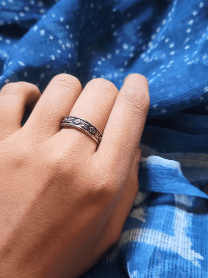 Side view of Cleopatra Ring in pure silver with handcrafted detailing