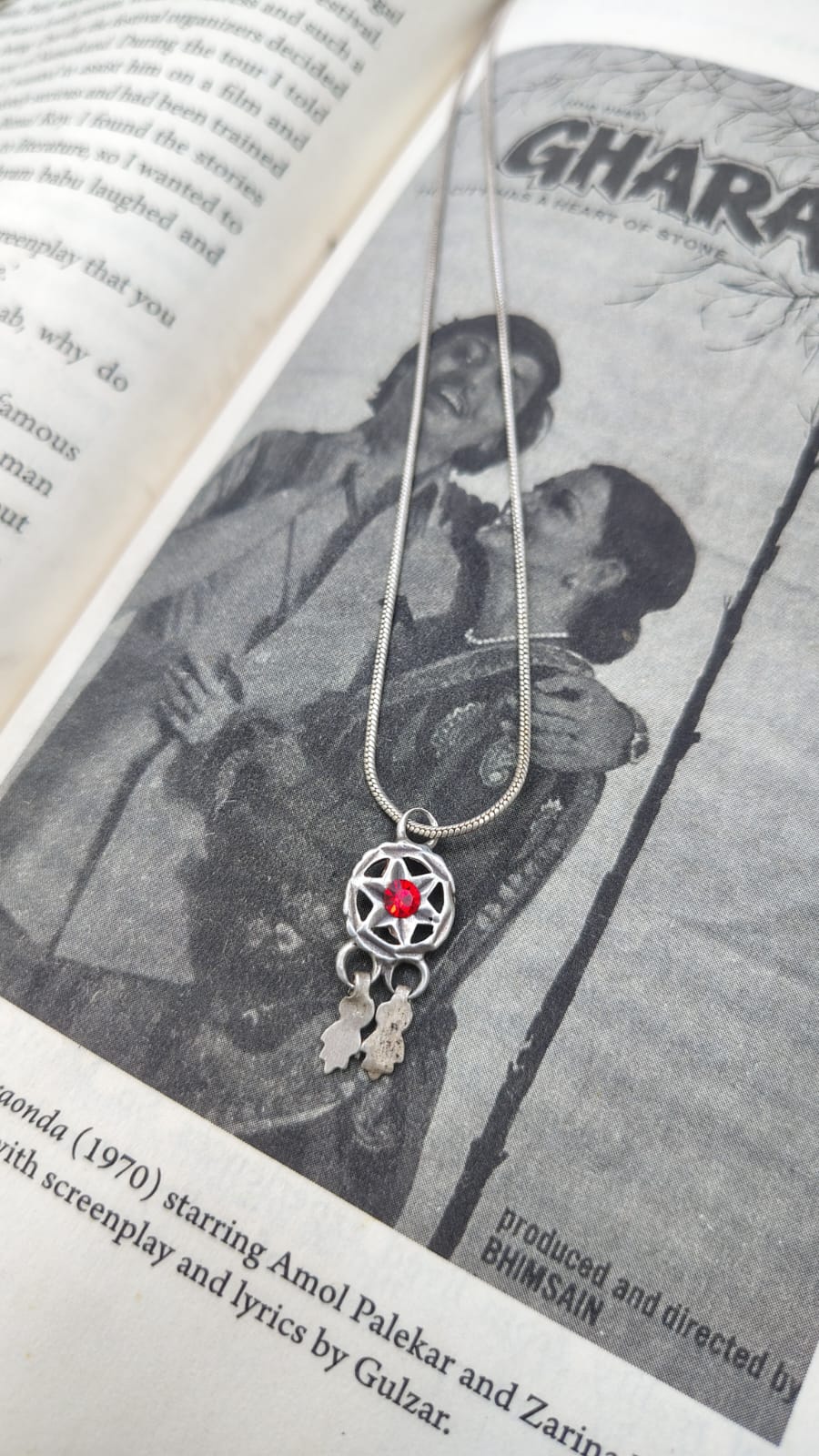 Sadabahaar Jewelry authentic vintage silver round pendant red stone star motif chilai work leaf danglers cosmic heirloom