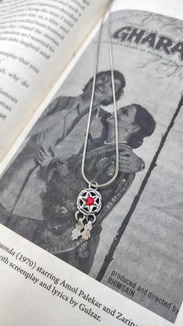 Sadabahaar Jewelry authentic vintage silver round pendant red stone star motif chilai work leaf danglers cosmic heirloom