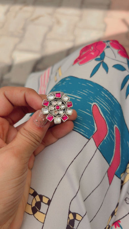 Side view of Devaki Ring in pure silver with handcrafted detailing