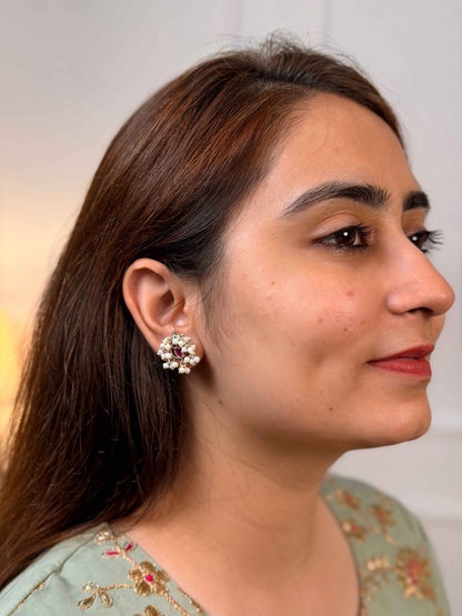 Bright polished 92.5 silver Kundan stud earrings featuring a white teardrop top, pink teardrop body, and a full cluster halo of freshwater pearls.