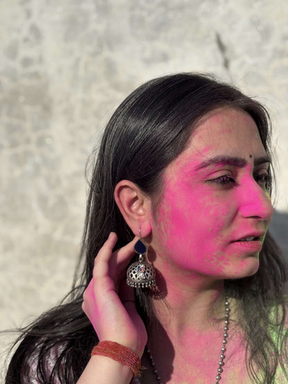 Side view of Falak Jhumka in pure silver with handcrafted detailing