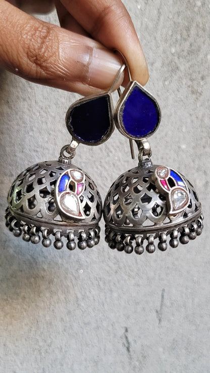 Side view of Falak Jhumka in pure silver with handcrafted detailing