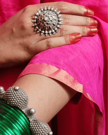 Side view of Gayatri Vintage Ring in pure silver with vintage detailing