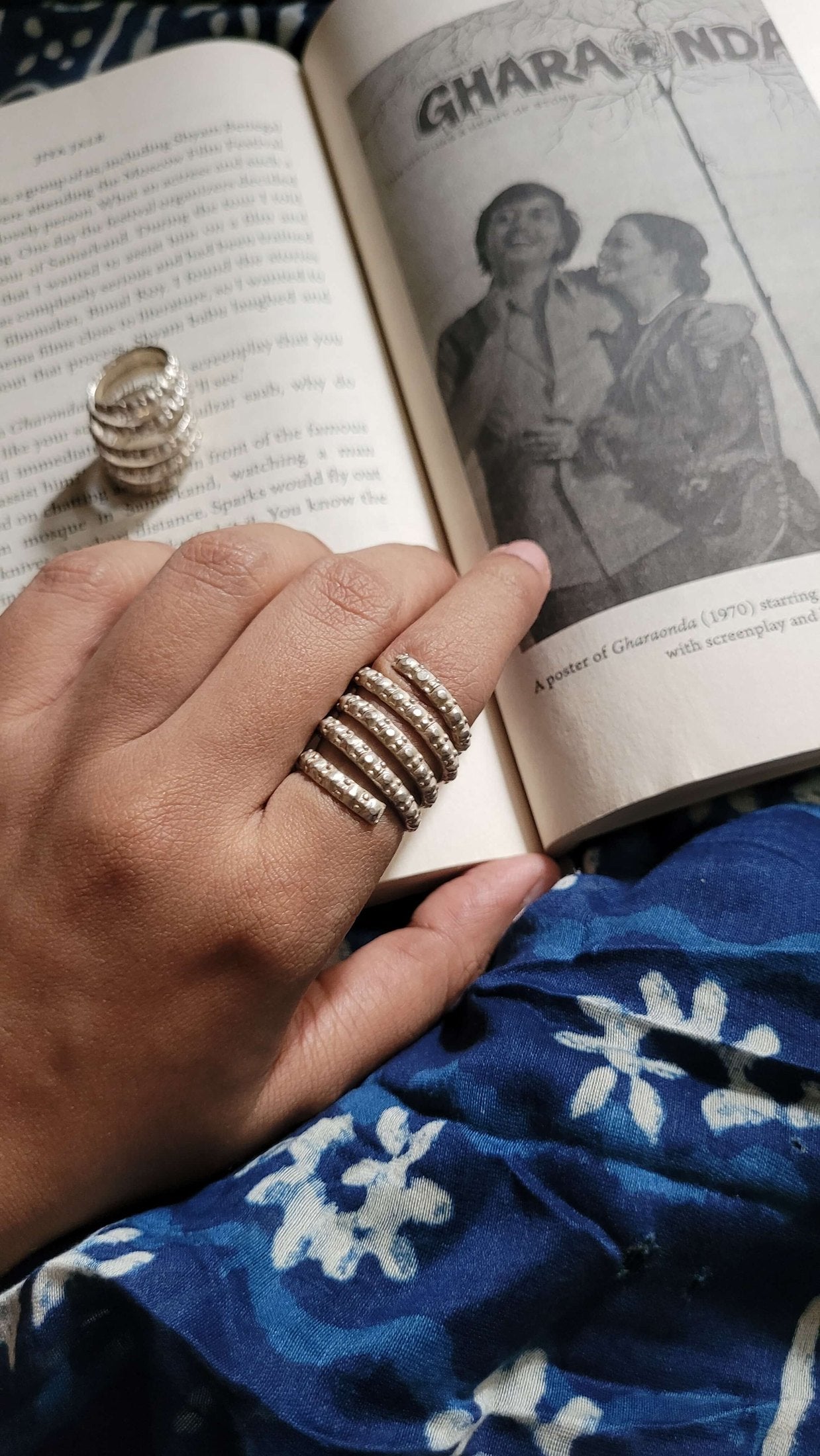 Side view of Ghummakad Spiral Vintage Ring in pure silver with vintage detailing