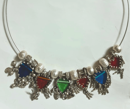 Sadabahaar Jewelry 92.5 Hallmark Silver Hasli Necklace with Multicoloured Vintage Glass Pendants and Crimson Heart Motif for Women