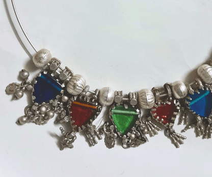 Sadabahaar Jewelry 92.5 Hallmark Silver Hasli Necklace with Multicoloured Vintage Glass Pendants and Crimson Heart Motif for Women - Side view