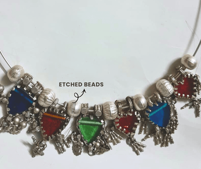 Sadabahaar Jewelry 92.5 Hallmark Silver Hasli Necklace with Multicoloured Vintage Glass Pendants and Crimson Heart Motif for Women